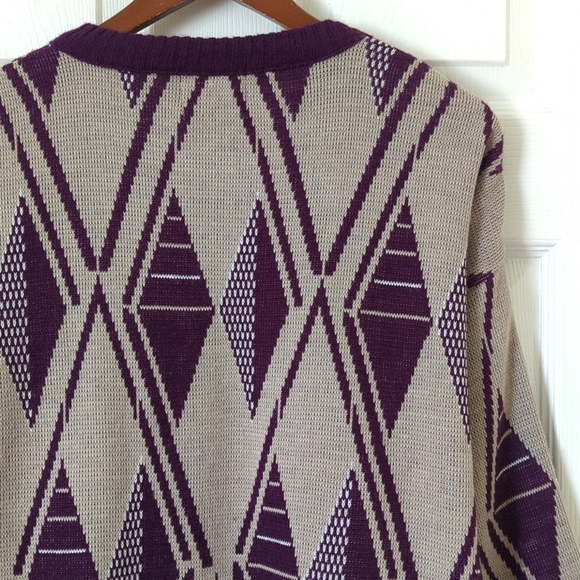 Aspetuck Trading Co. 90's Vintage Funky Knit Crewneck Sweater Taupe Purple XL - Picture 12 of 12